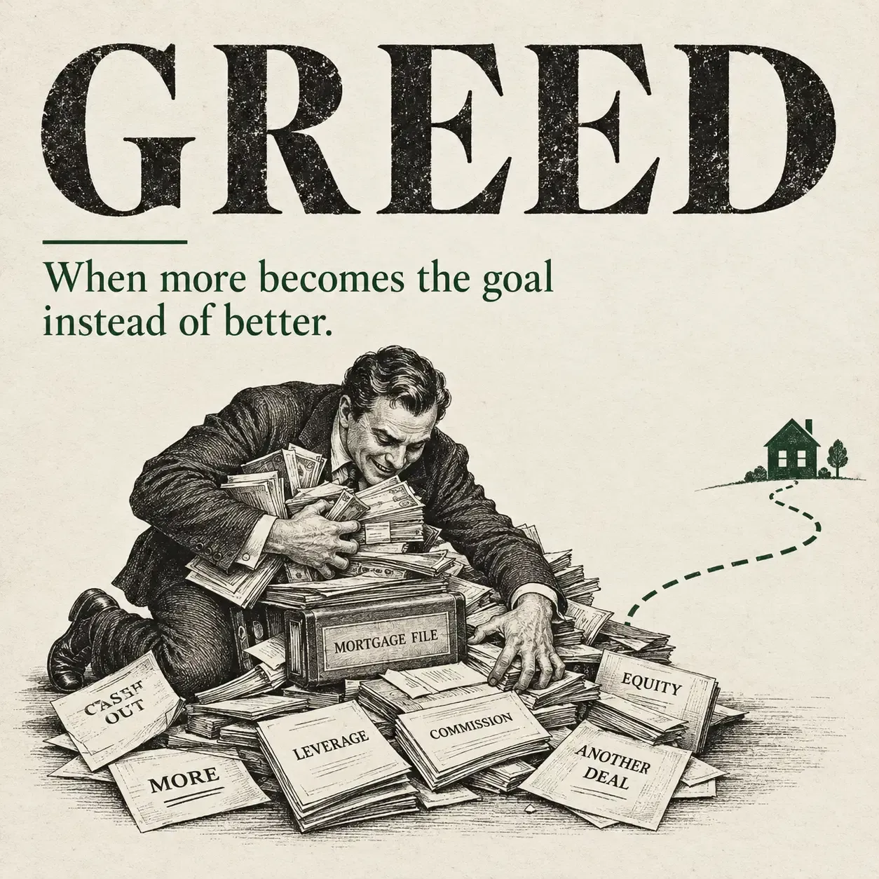 Greed chapter graphic showing a borrower clutching cash, leverage, and deal paperwork while reaching for more