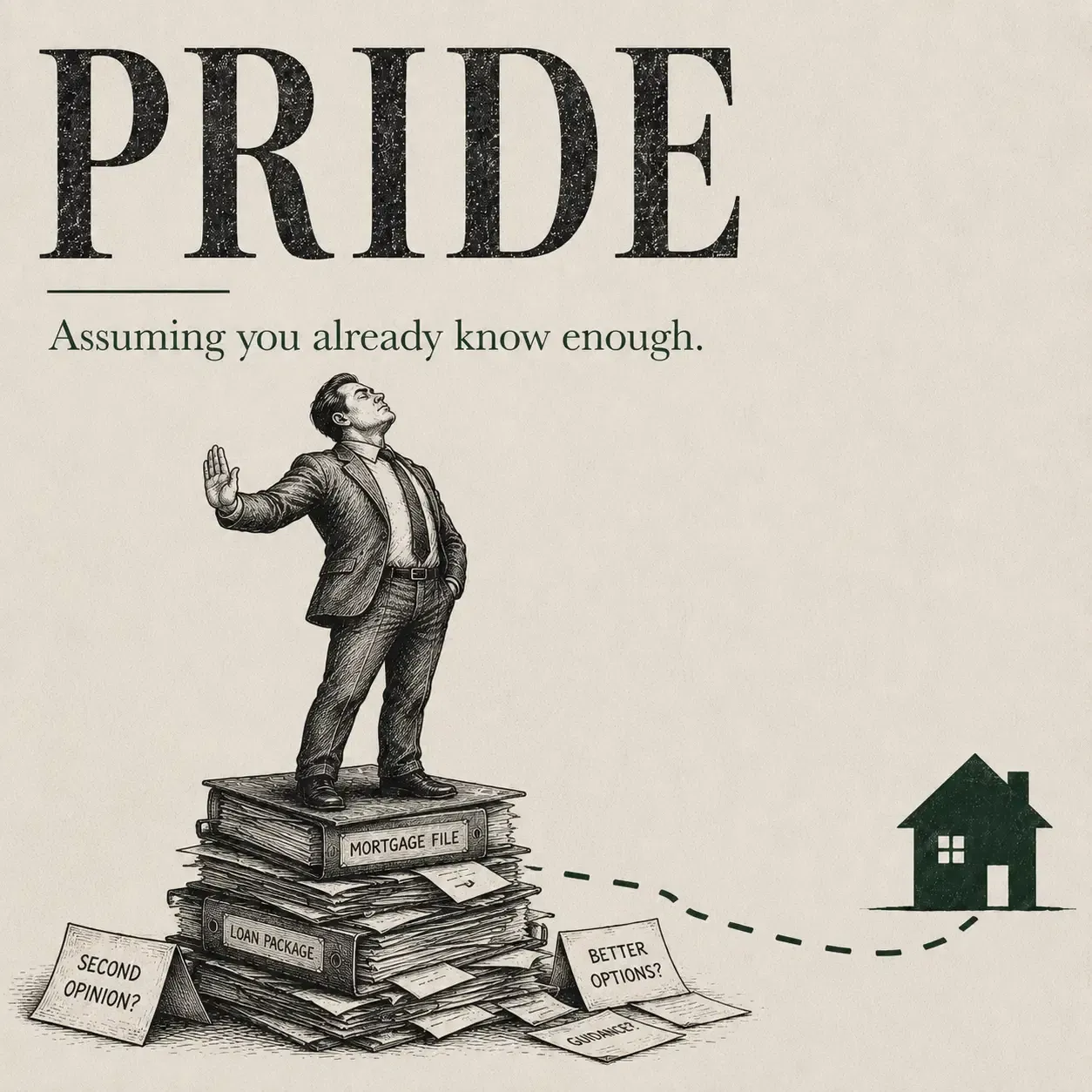 Pride chapter graphic showing a confident homeowner standing above a mortgage file and asking for better options