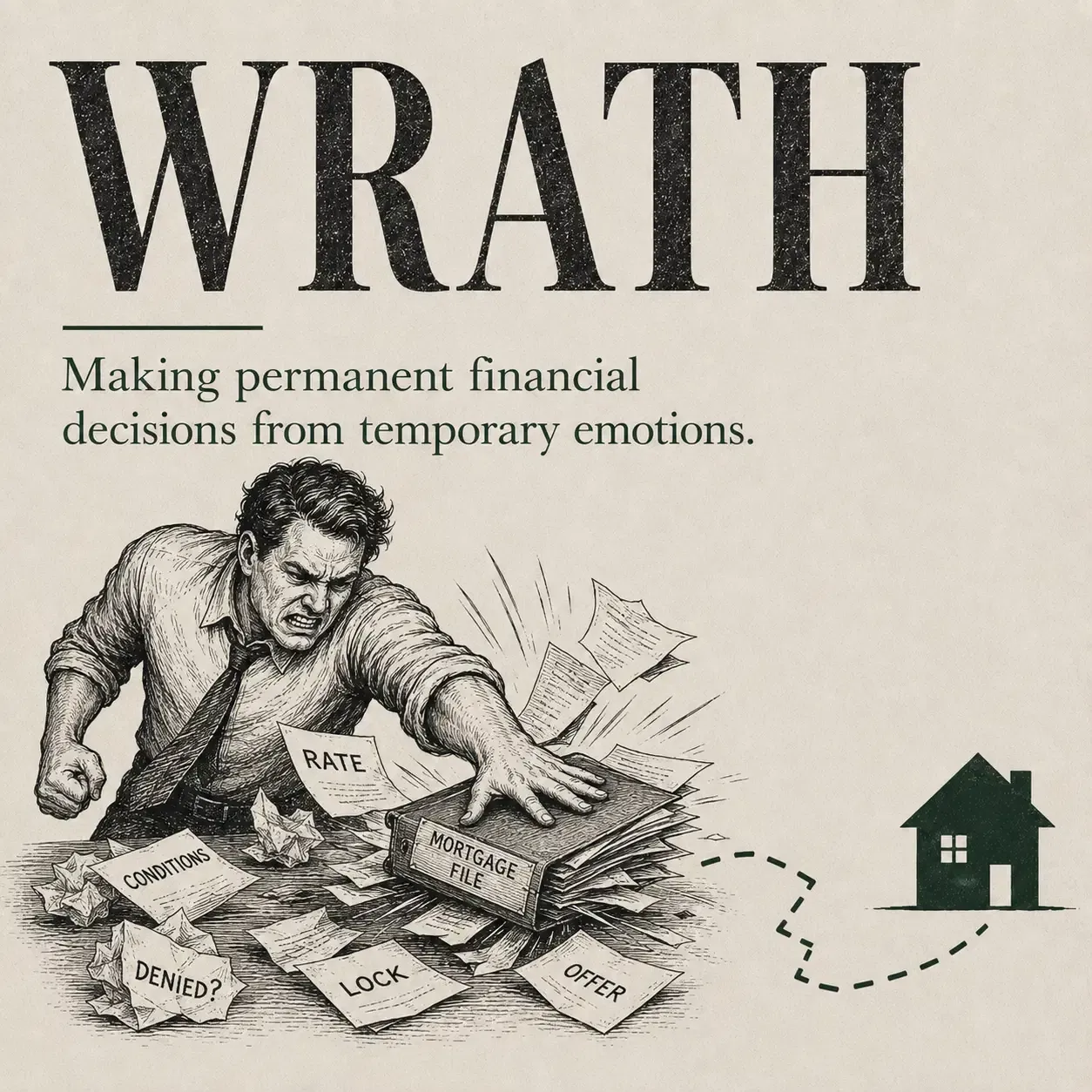 Wrath chapter graphic showing an angry borrower striking a mortgage file while rate and offer papers scatter
